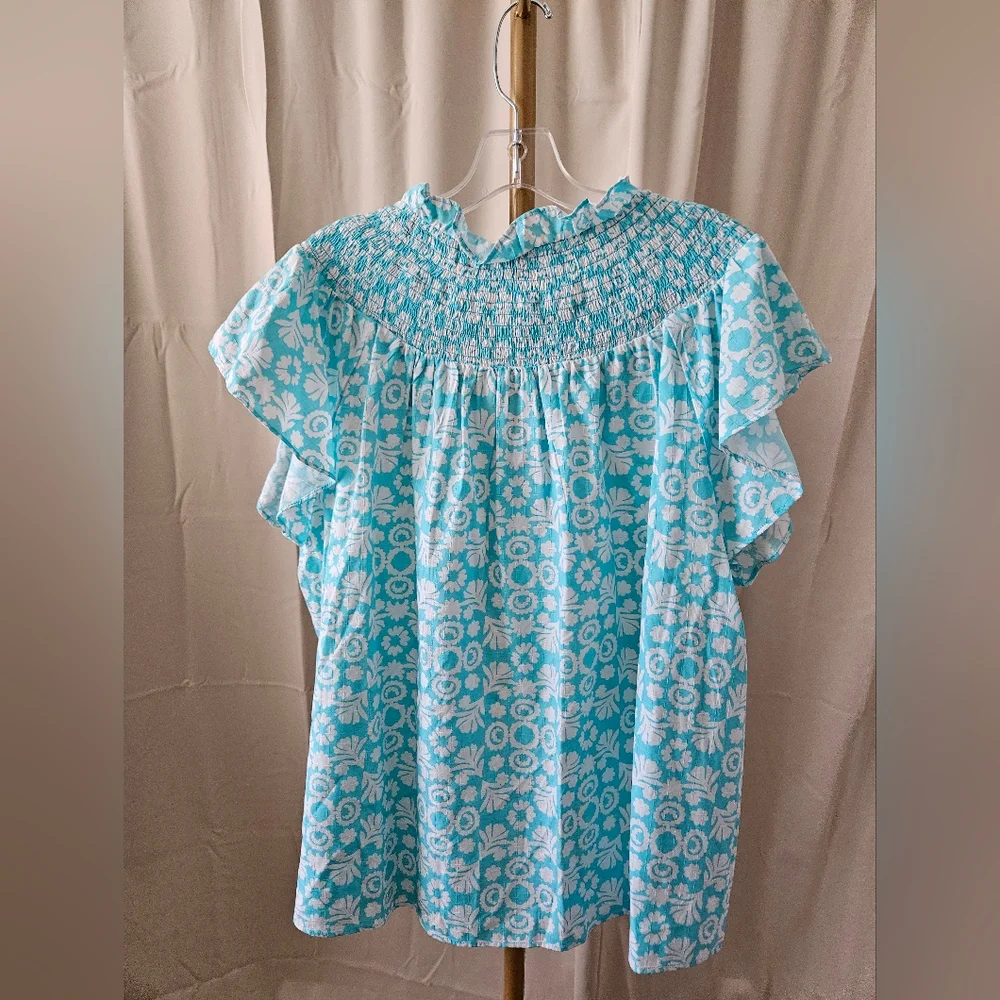 Ann Taylor Turquoise & White Printed Flutter Sleeve Blouse – XXL - Picture 4 of 4